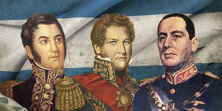 Retratos de José de San Martín, Juan Manuel de Rosas y Juan Domingo Perón sobre la bandera argentina